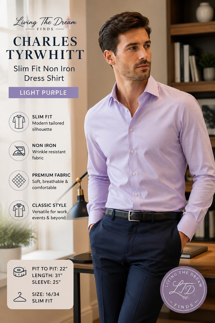 Charles Tyrwhitt Men’s Dress Shirt 16 34 Slim Fit Purple Non Iron Long Sleeve`